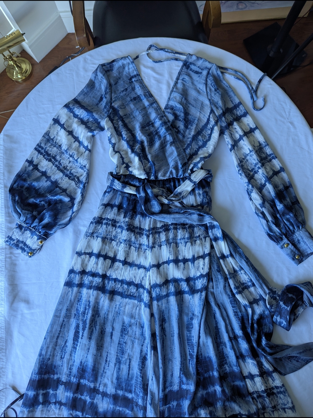 Va Va Voom Blue and White Tie-Dye Wide-Leg Jumpsuit Flowy Shimmer - Picture 3 of 10
